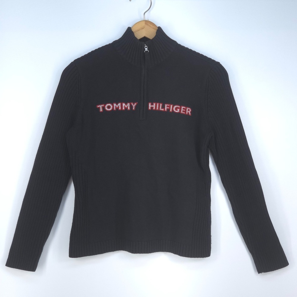 Vintage Tommy Hilfiger 1/4 Zip Pullover‎ Women's XL Sparkle Logo Ribbed Sweater